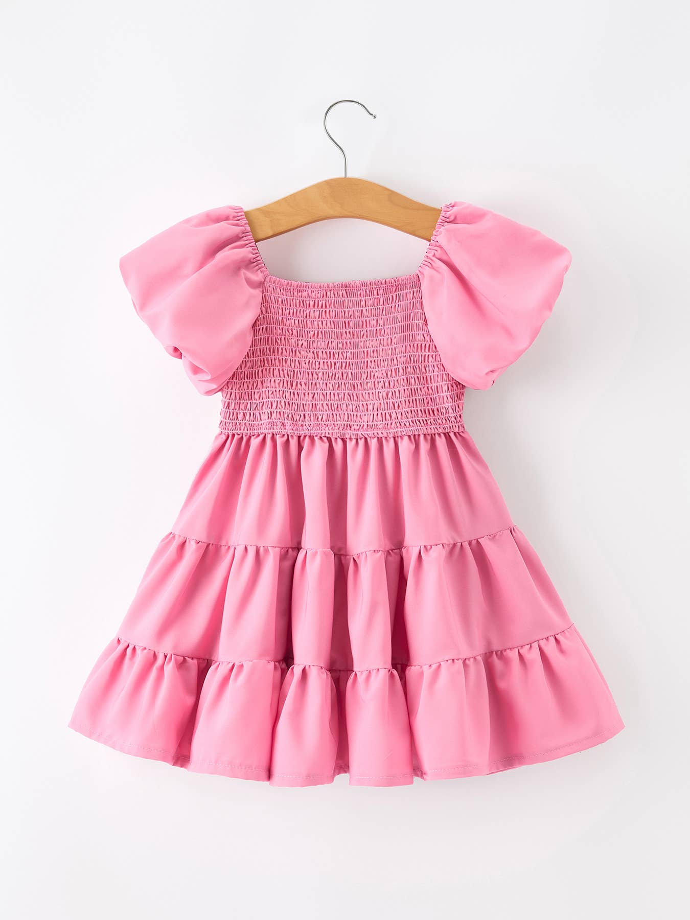 Mommy and Me Summer Pink Girls Dress Smocked Puff Sleeve Ruffle