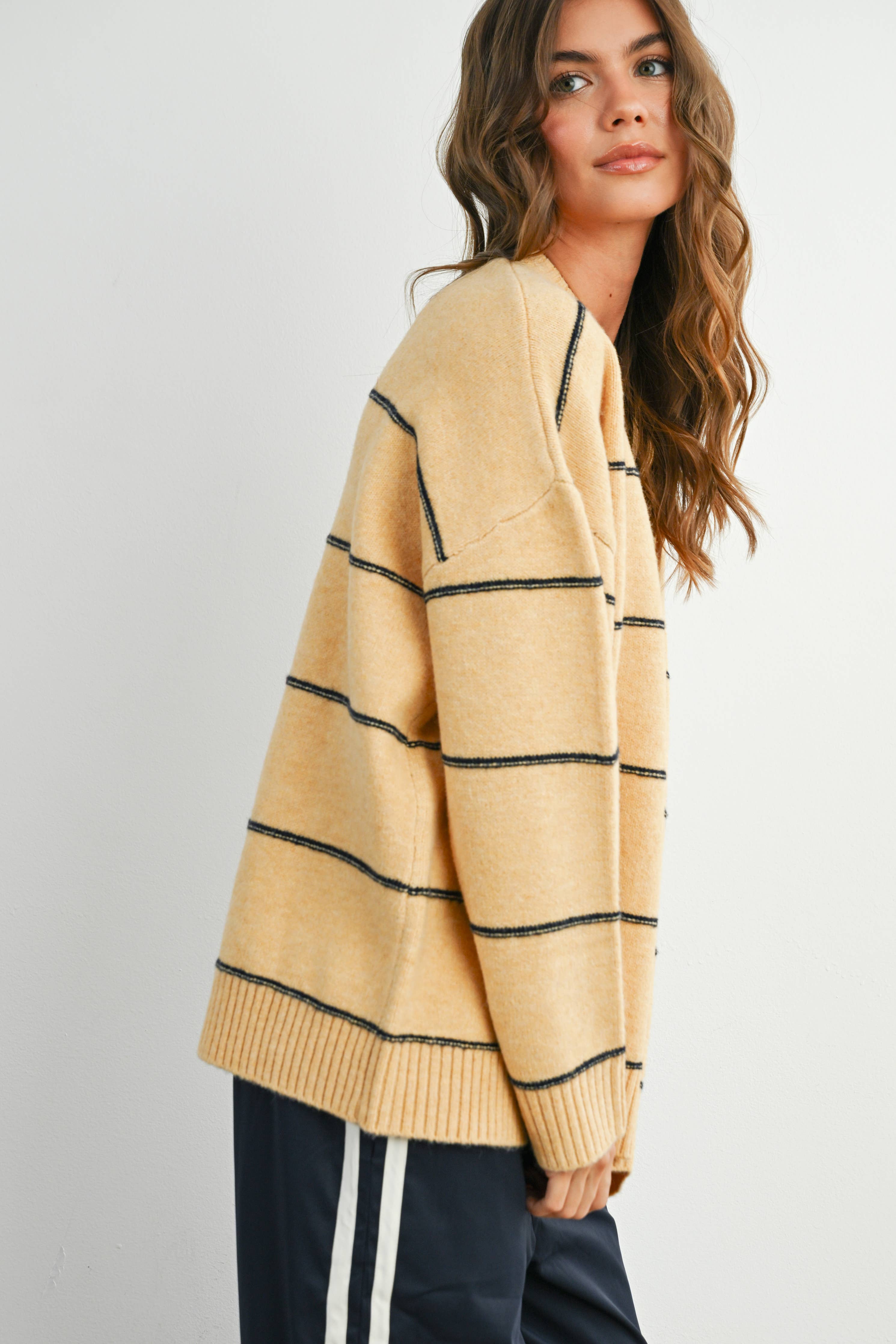 FALL STRIPED PATTERN DROP SHOULDER SWEATER - BMW7421