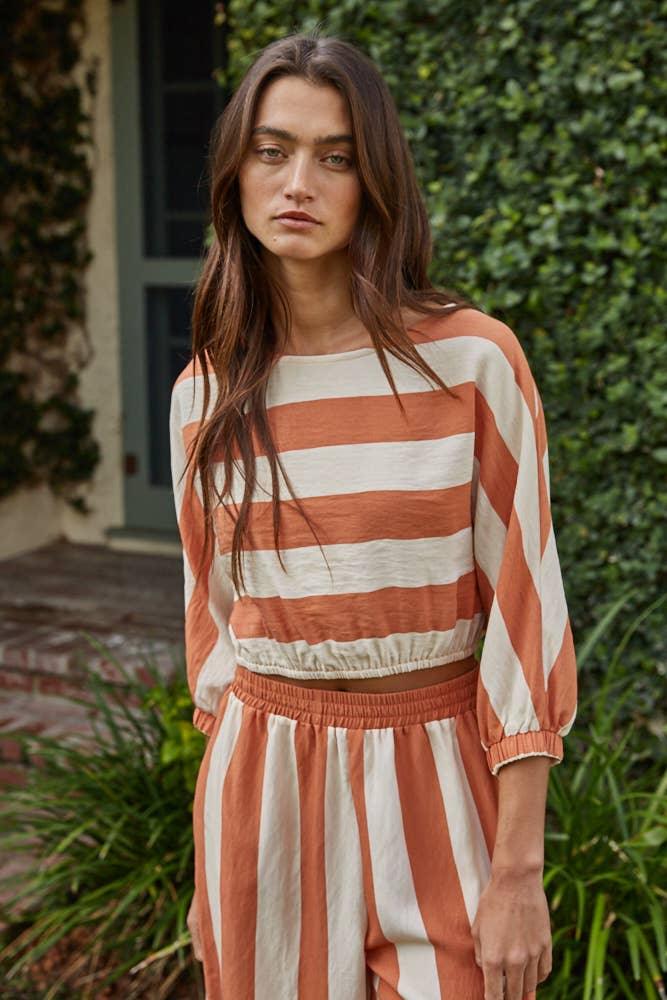 L9809T | Woven Rayon Nylon Striped Short Sleeve Crop Top