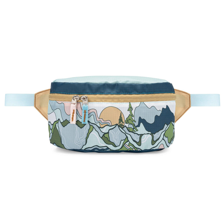 Mountain-themed fanny pack with scenic print and dual zippers for outdoor adventures