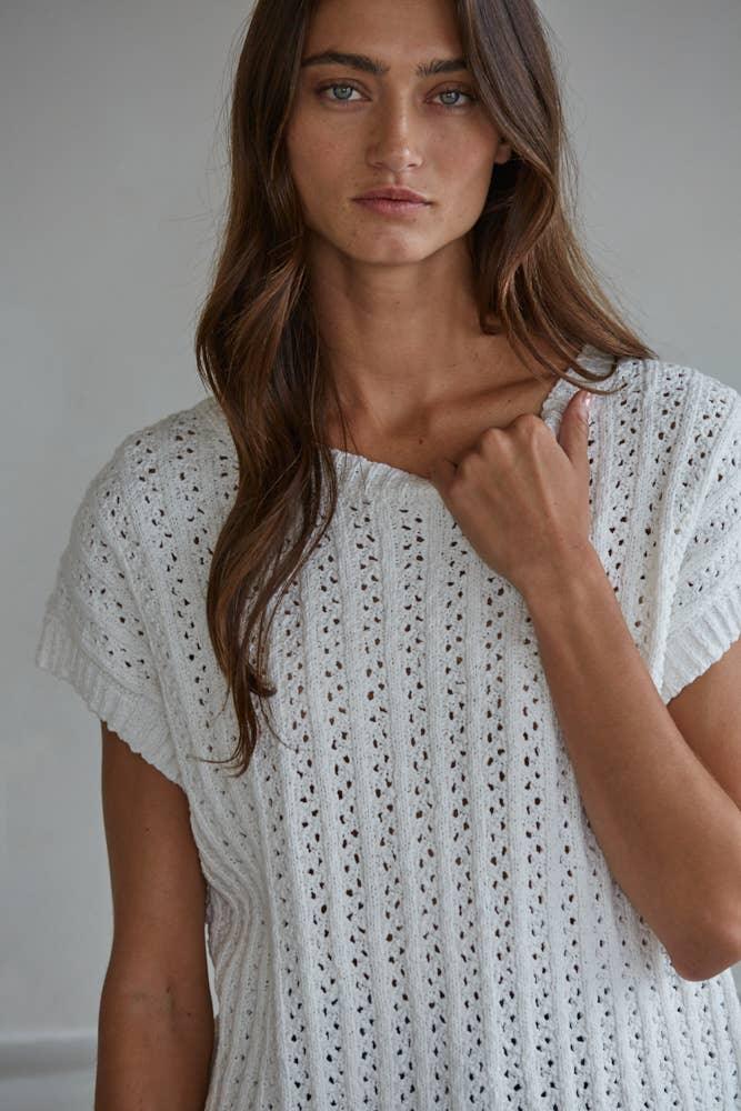 W2445 | Knit Sweater Cotton Crochet Short Sleeve Pullover