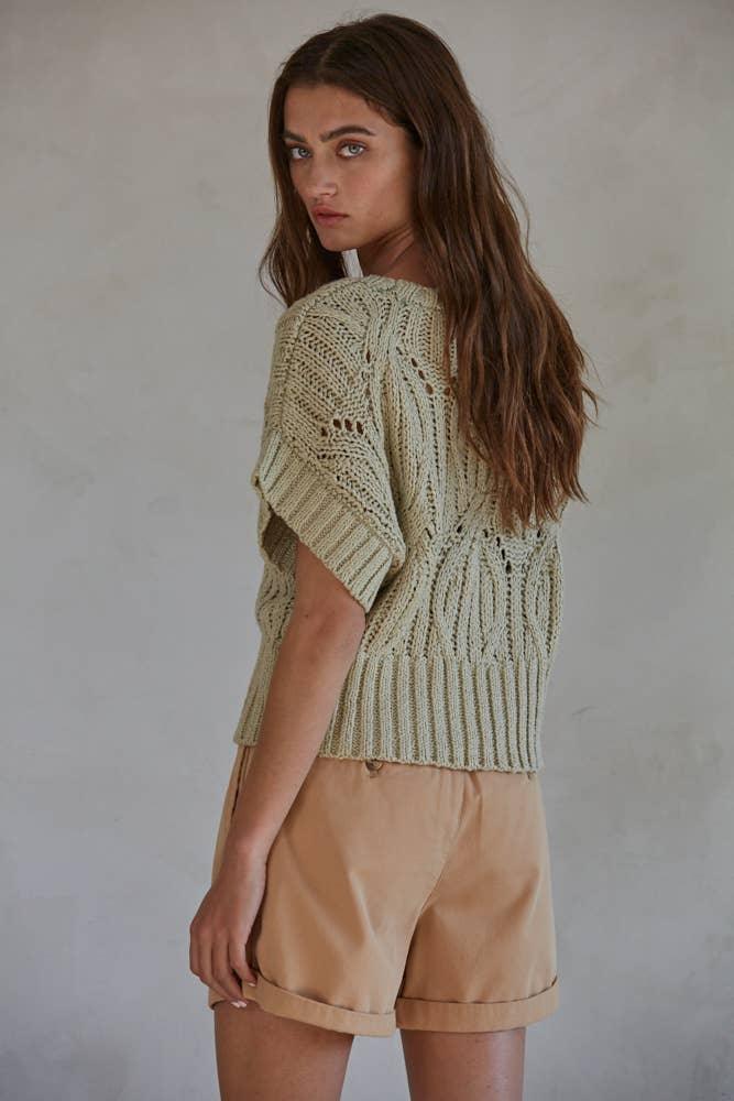 Woman wearing olive green open knit sweater with short sleeves and tan shorts, back view