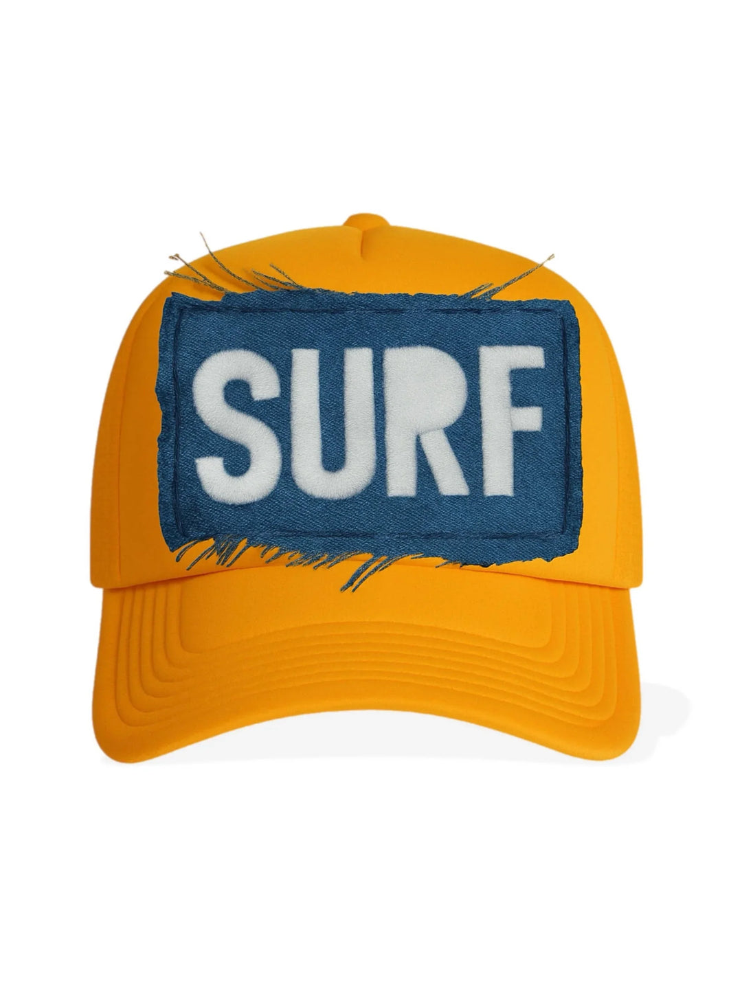 Yellow surf cap with blue denim patch and white embroidered SURF text, coastal outdoor style