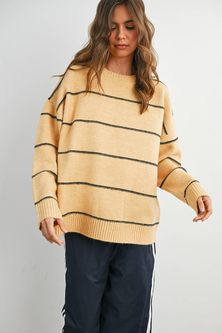 Yellow striped knit sweater with black lines, cozy casual wear for PNW adventures