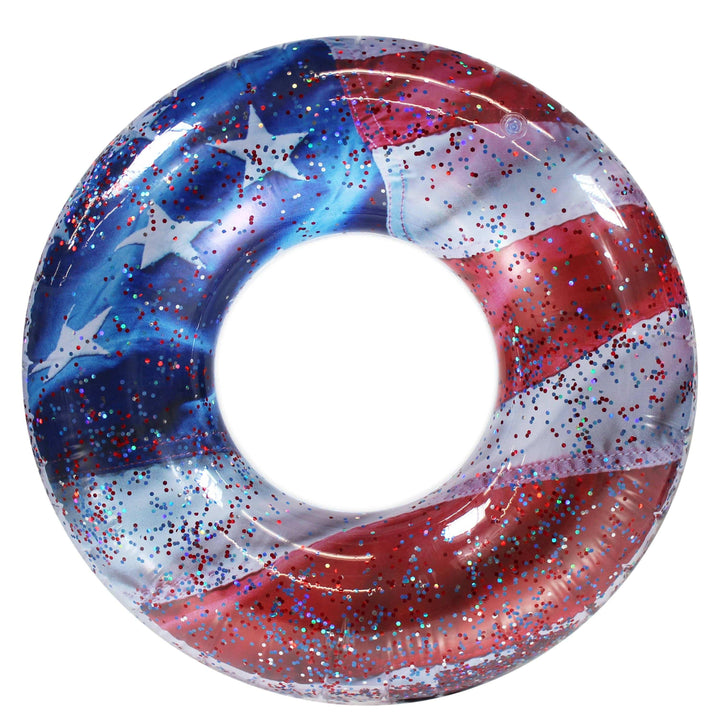 American flag glitter swim ring for beach and pool fun, perfect for summer adventures