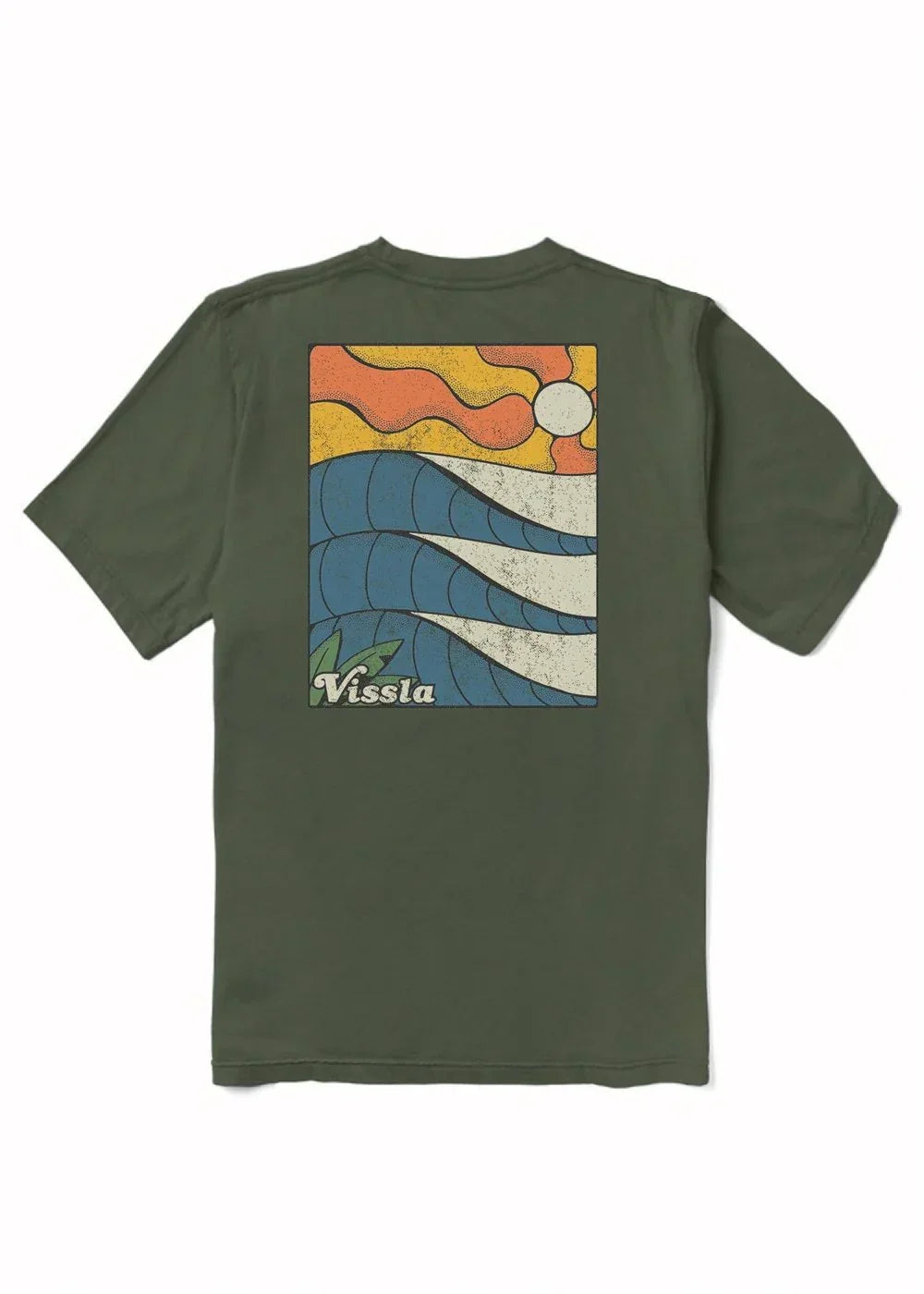 Olive green Vissla t-shirt with retro ocean wave and sunset graphic, perfect for coastal adventures.