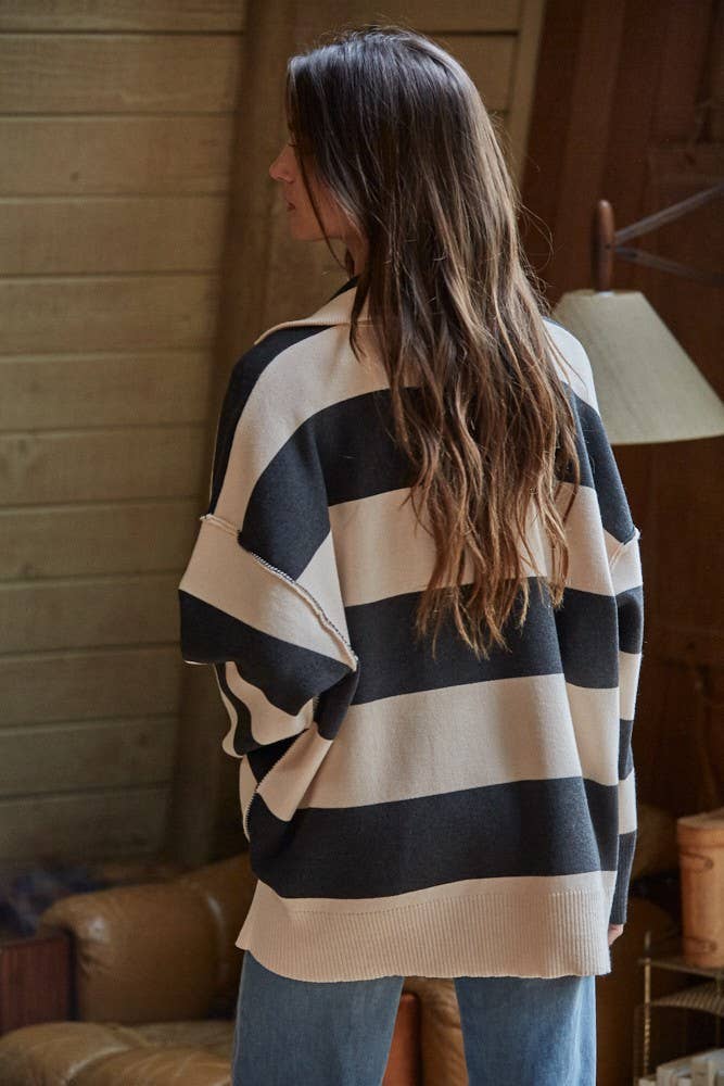 W2199 | Knit Striped Turtleneck Half Zip Up Top