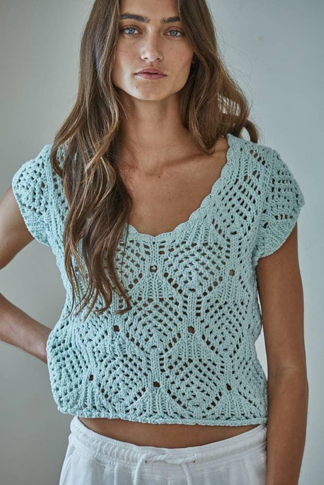 Light blue crocheted crop top with intricate lace pattern and short sleeves