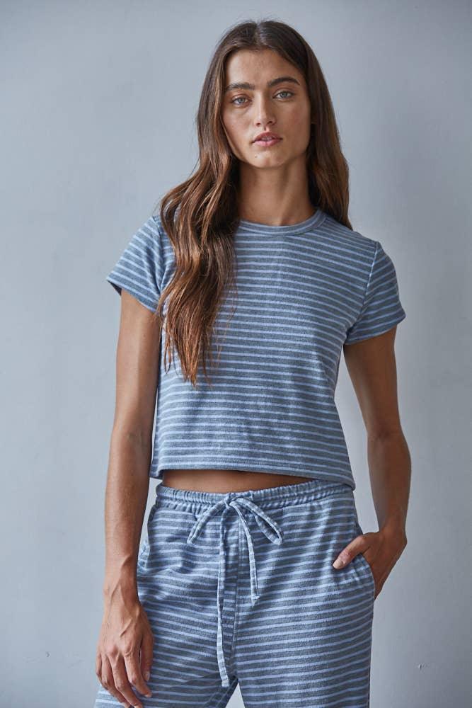 L8945T | Knit Polyester Cotton Striped Short Sleeve Top
