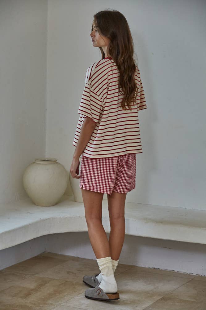 L9691 | Knit Cotton Striped Short Sleeve Crew Neck Top