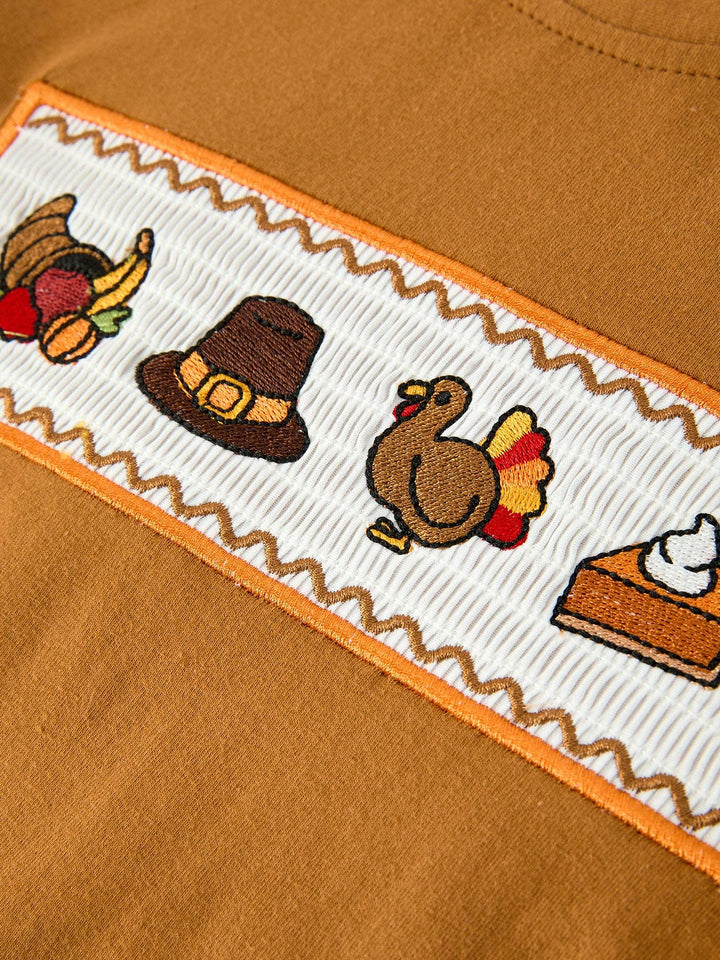 Thanksgiving Boys Embroidered Shirt Gingham Pants Set Fall Outfit