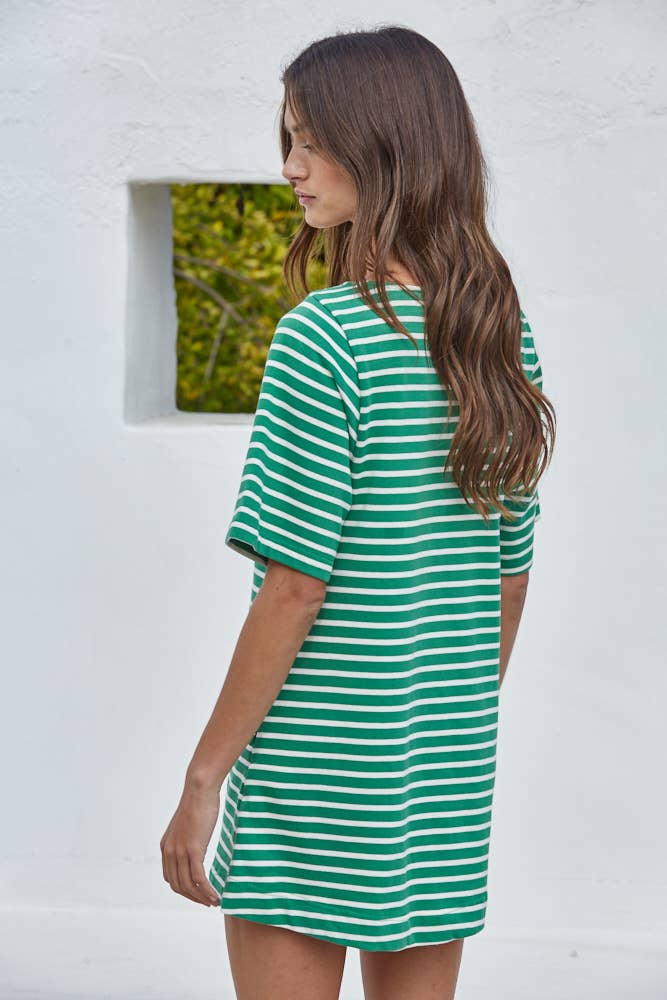 L9609 | Woven Cotton Striped Short Sleeve Round Neck Mini
