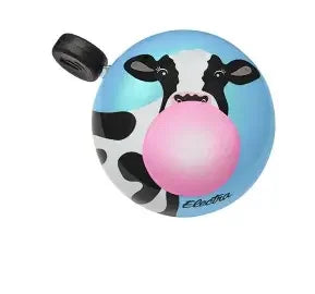 Trek cow bell bicycle accessory featuring a cow blowing a pink bubble gum bubble