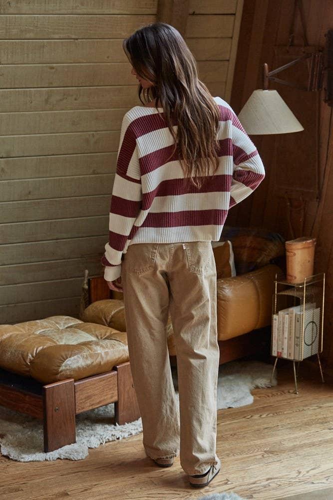 W2295 | Knit Sweater Striped Cotton Boat Neck Long Sleeve