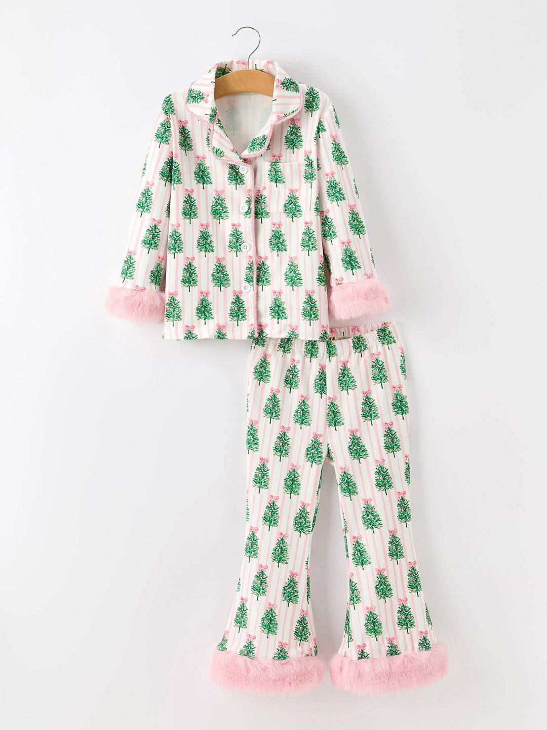 Mommy and Me Christmas Tree Print Pajama Set with Faux Fur Trim