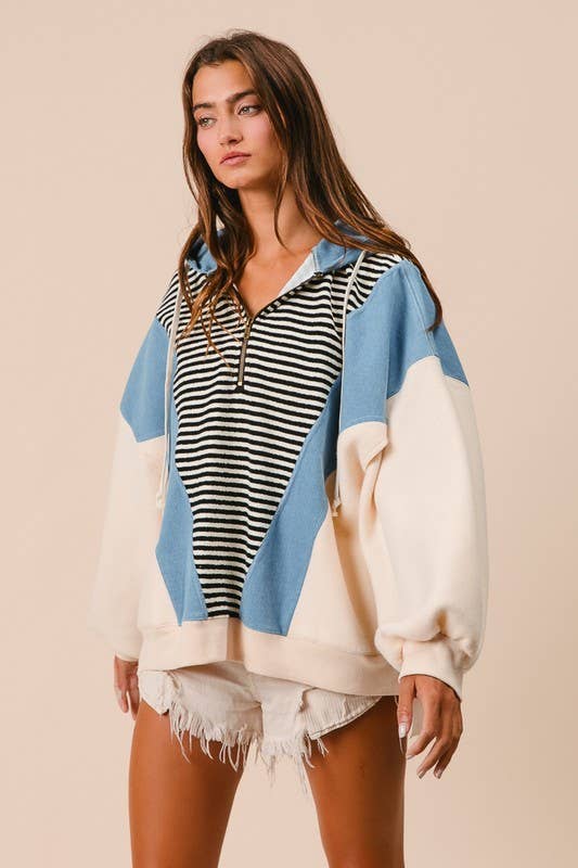 Stripe And Denim Mixed Hoodie Top