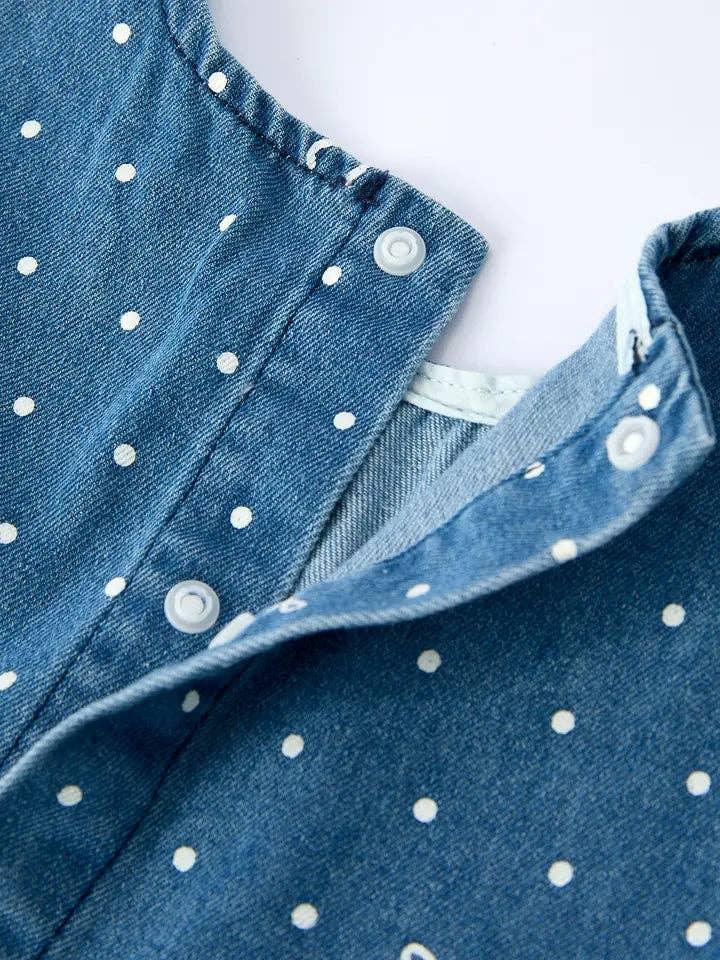 Blue denim dress with white polka dots and snap buttons, casual kids fashion
