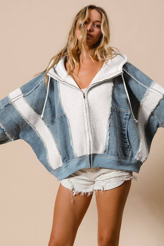 Washed And Fleece Mix And Match Zip Up Hoodie