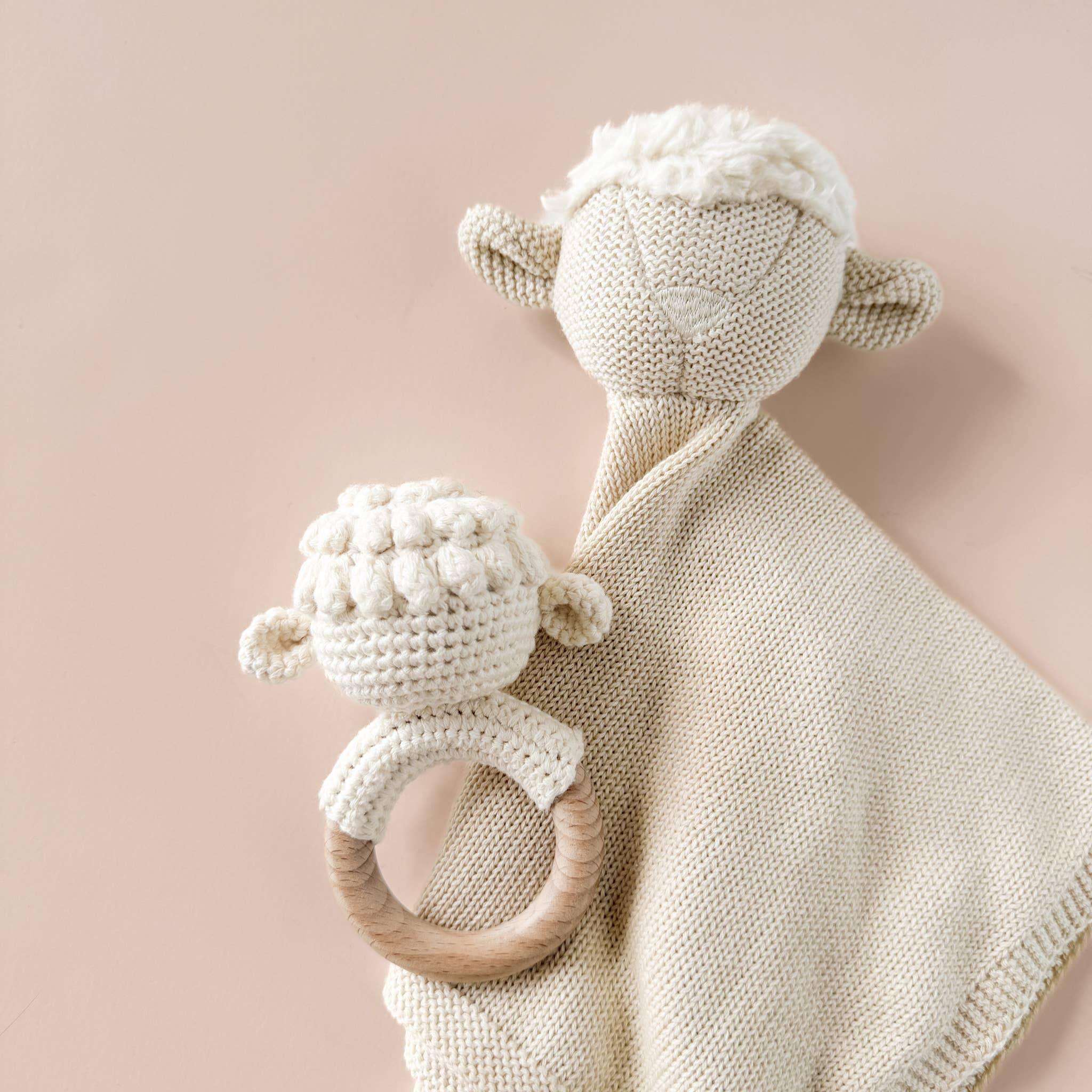 Set Lamb Pique Blanket Hat Rattle Teether Baby Shower Gift