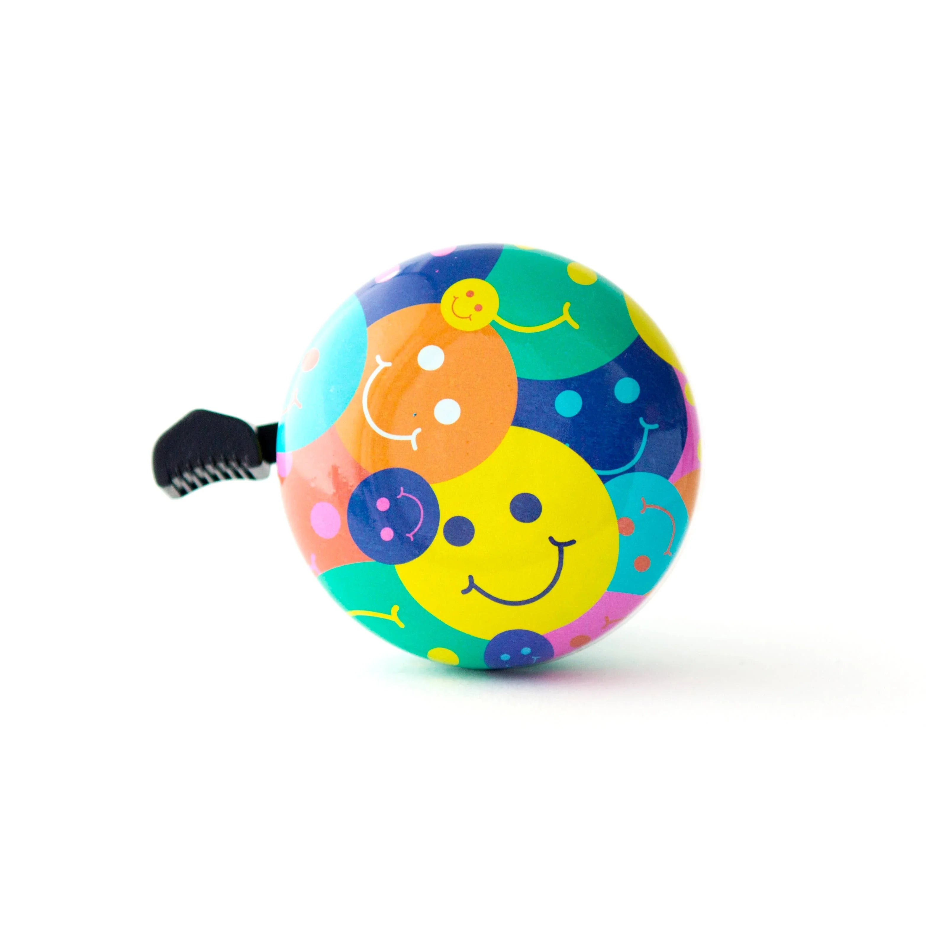 Colorful smiley face bike bell with playful patterns for kids' rides and outdoor adventures