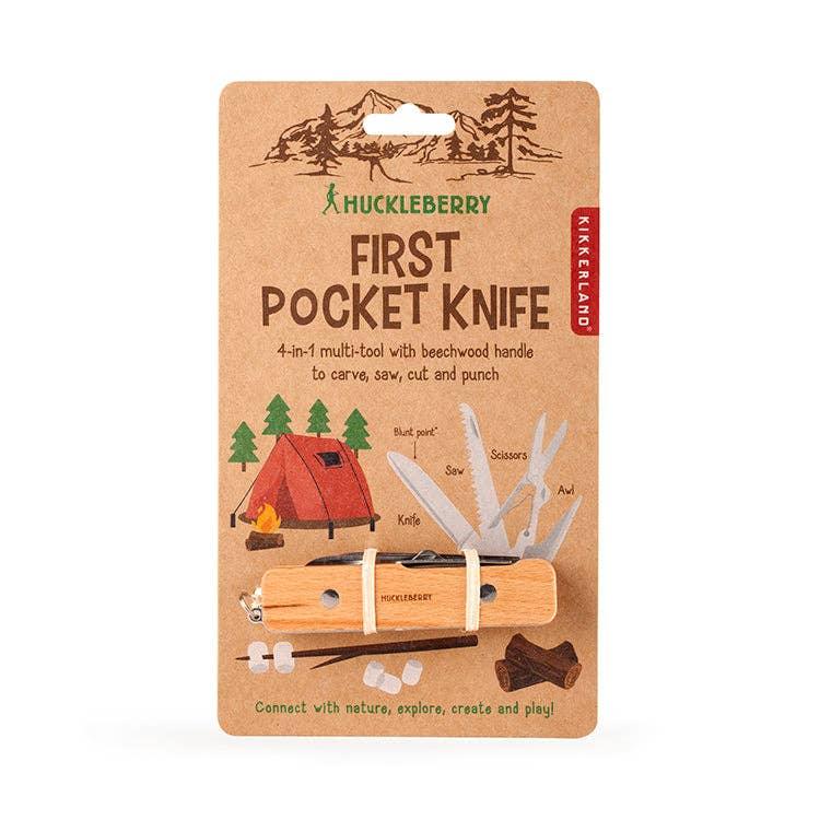 Huckleberry First Pocket Knife – 4-in-1 multi-tool with beechwood handle for carving, sawing, cutting, punching
