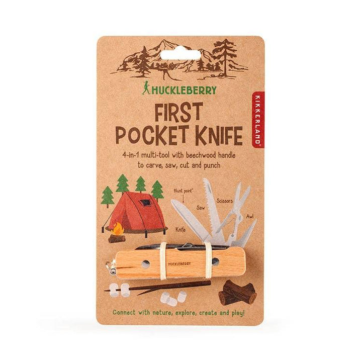Huckleberry First Pocket Knife – 4-in-1 multi-tool with beechwood handle for carving, sawing, cutting, punching