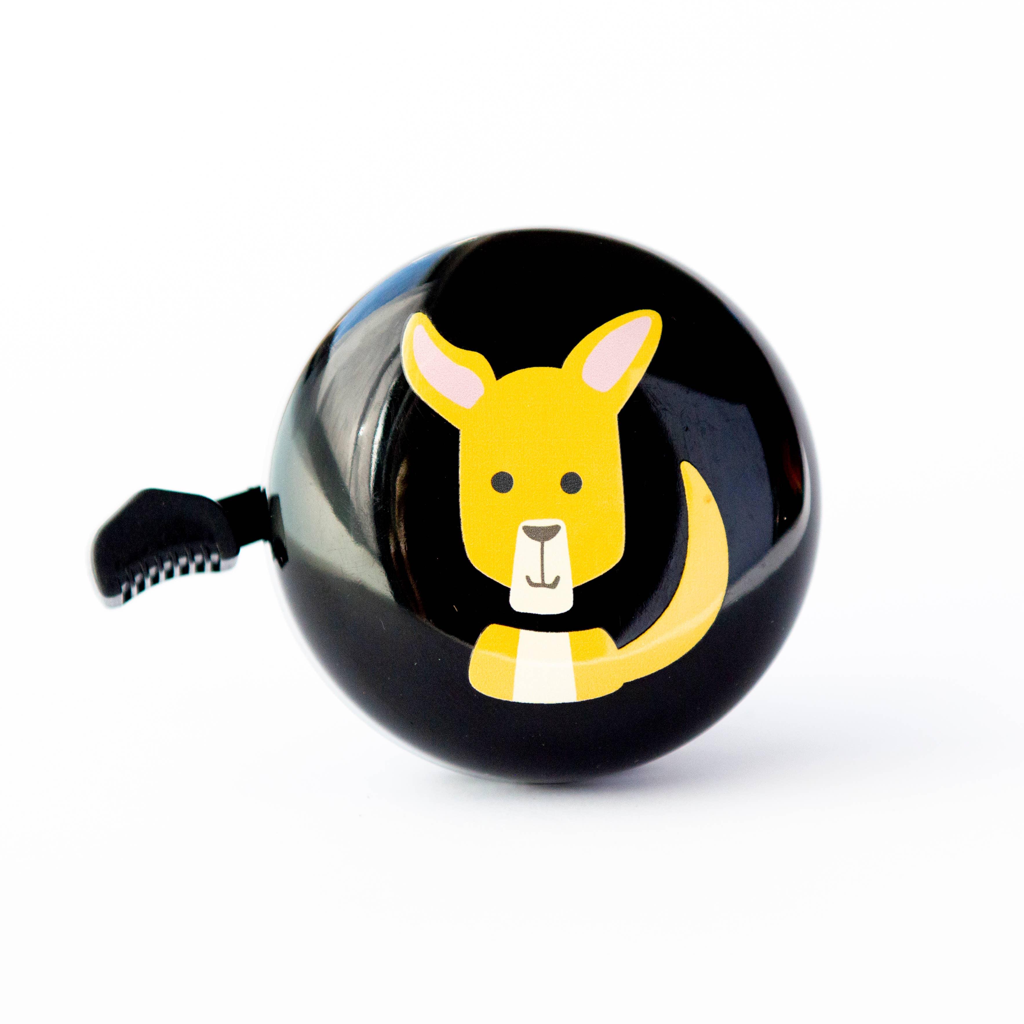 Black bike bell with cute yellow kangaroo design, perfect for kids' bikes and outdoor adventures