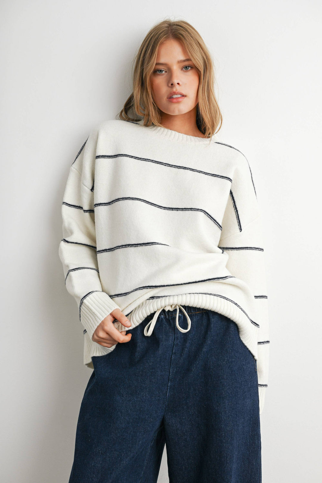 FALL STRIPED PATTERN DROP SHOULDER SWEATER - BMW7421