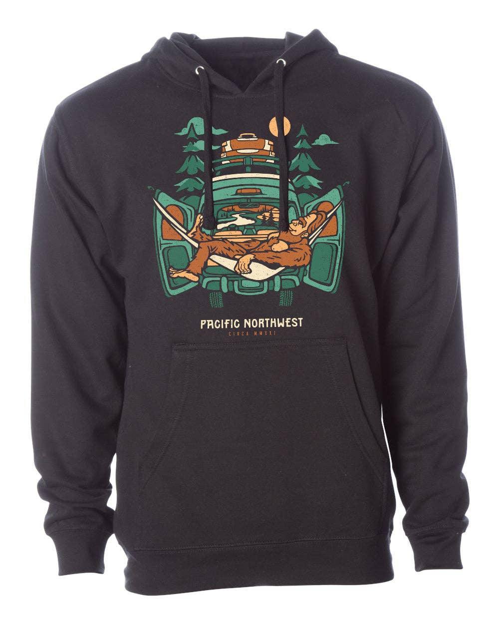 Black Northwest Vibes Supply Co. Hammock Hoodie featuring a PNW adventure graphic.