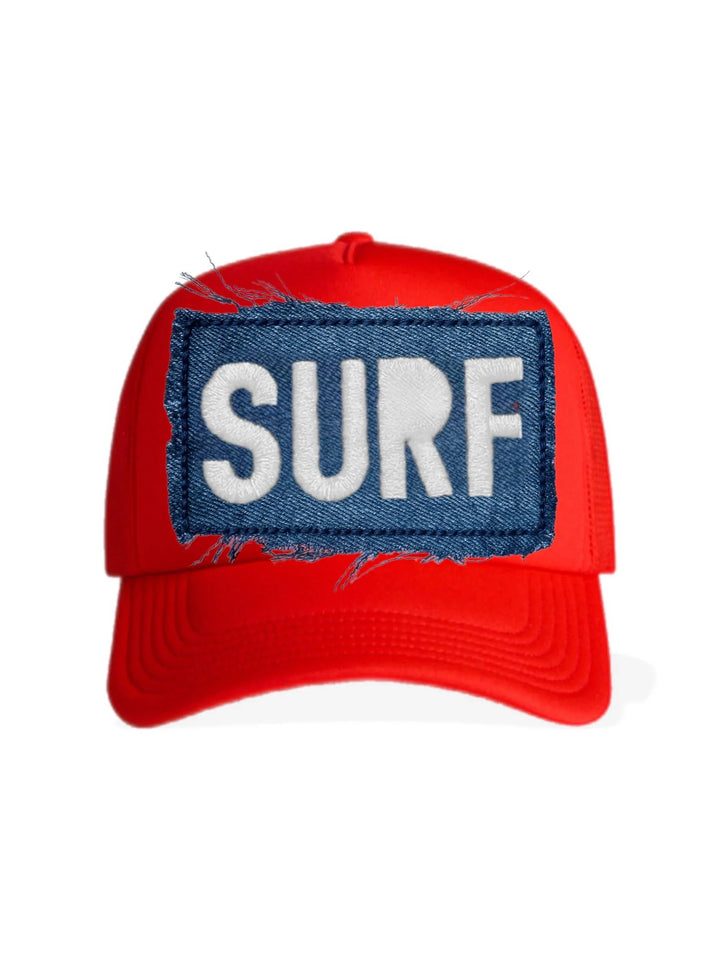 Red trucker hat with denim &