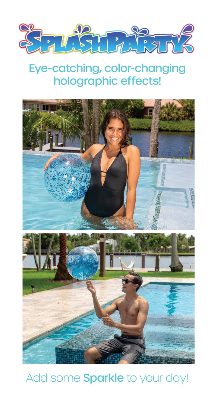 Woman and man enjoying pool with sparkling blue holographic SplashParty beach ball, perfect for summer fun.