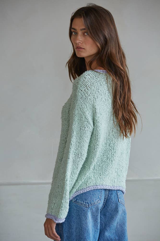 W1919 | Knit Sweater Pullover Top With Contrast Hems Detail