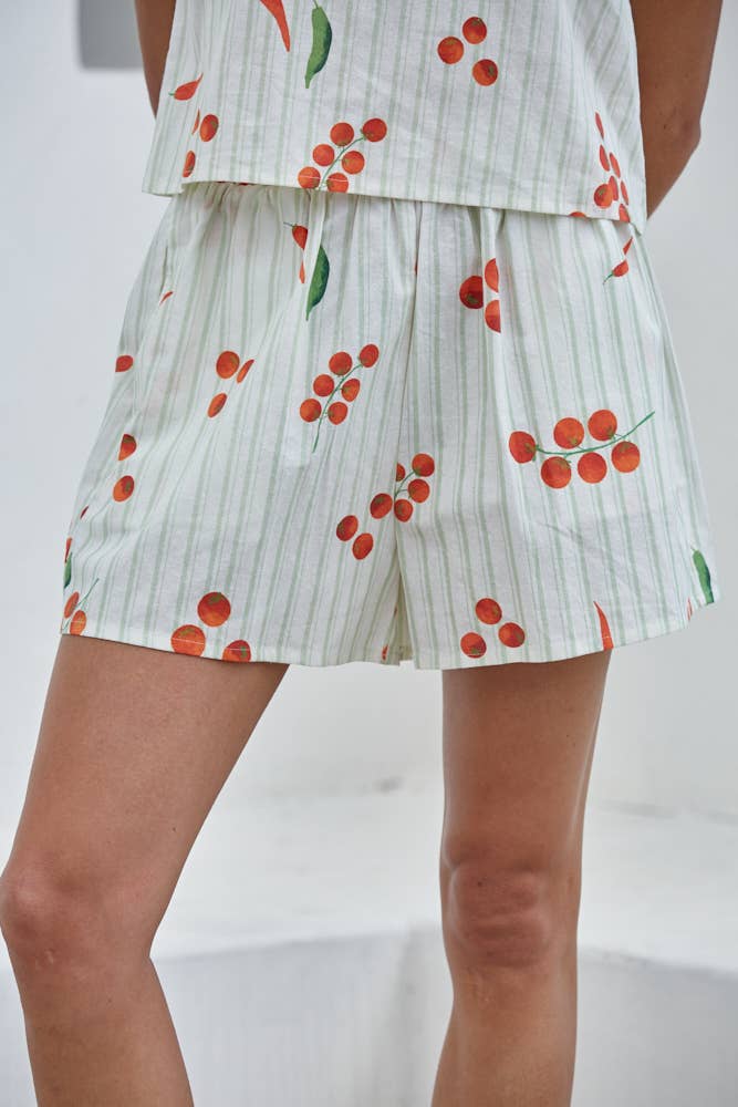 L9699B | Woven Cotton Striped Veggie Print Shorts
