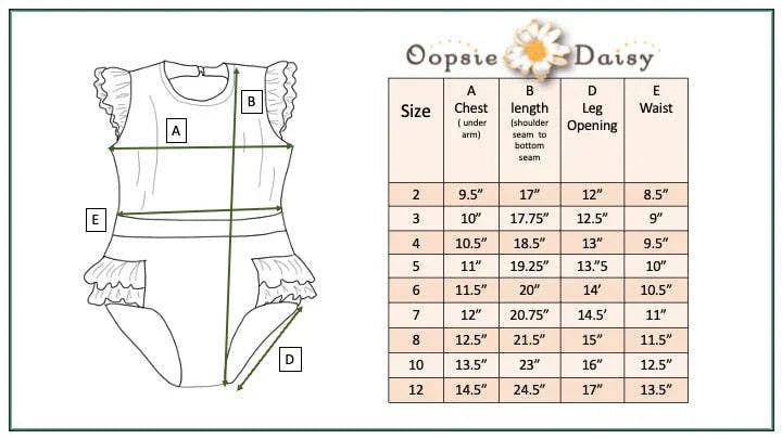Oopsie Daisy ruffled one-piece swimsuit size chart with measurements for chest, length, leg opening, and waist