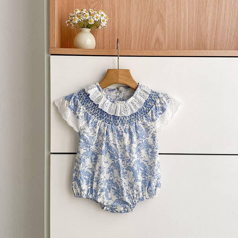 Blue floral baby romper with lace collar and short sleeves