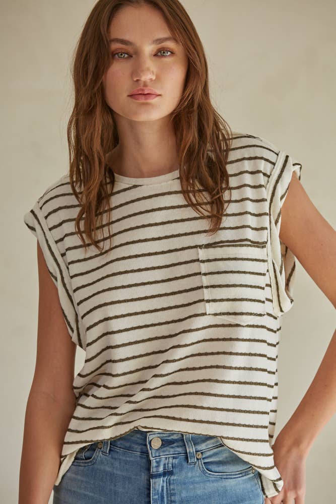 By Together RJ3252 | Striped Round Neck Sleeveless Top