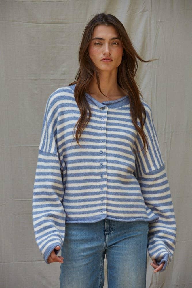 Blue and white striped button-up cardigan sweater for coastal PNW style