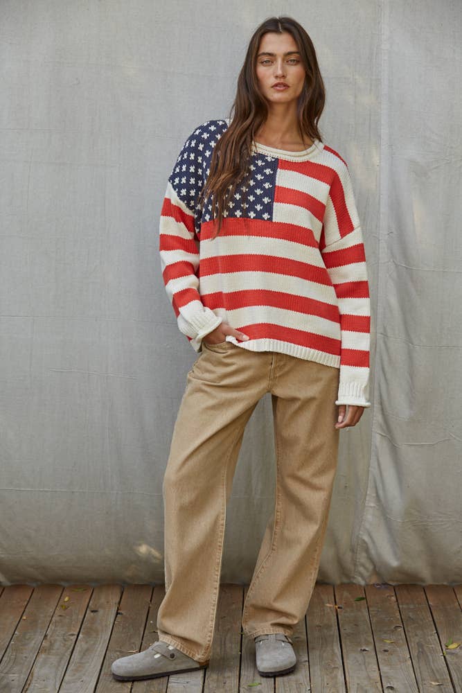 W2676 | Knit Sweater Polyester American Flag Striped Top