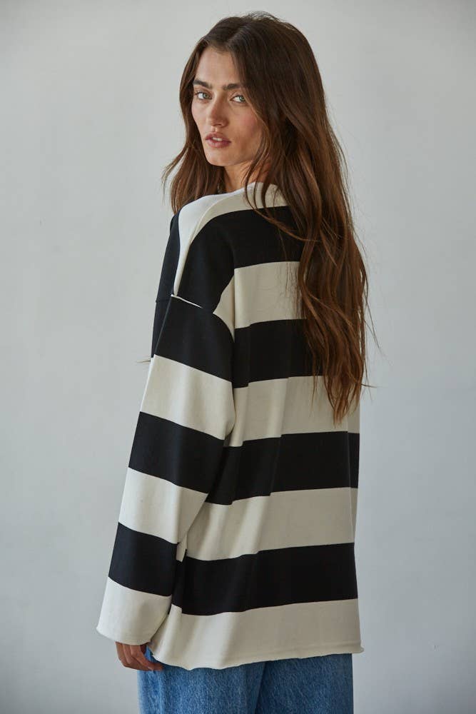 By Together L8742 | Knit Cotton Striped Crew Neck Long Sleeve Sweatshirt