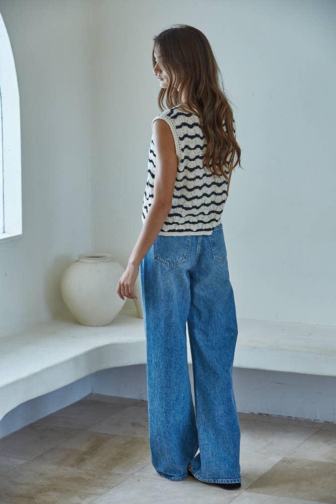 W2380 | Knit Sweater Cotton Nylon Striped Vest Top