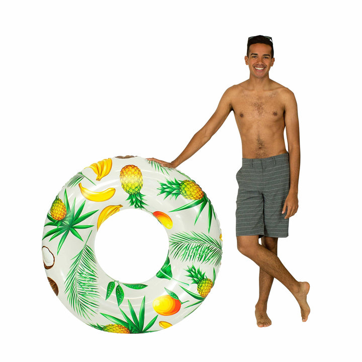 Tropical fruit inflatable pool float with pineapple, banana, and palm leaf design for beach days and summer fun