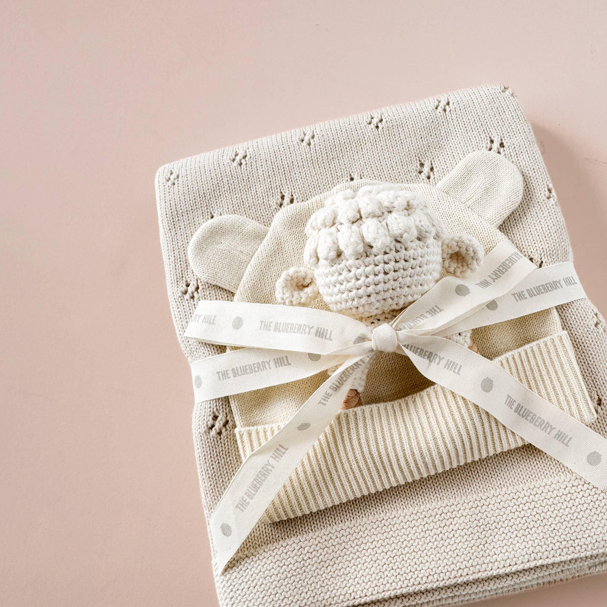 Set Lamb Pique Blanket Hat Rattle Teether Baby Shower Gift
