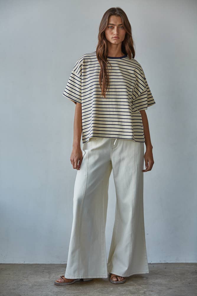 L9691 | Knit Cotton Striped Short Sleeve Crew Neck Top