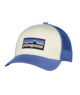Blue and white trucker hat with mountain logo, perfect for PNW outdoor adventures and coastal style.