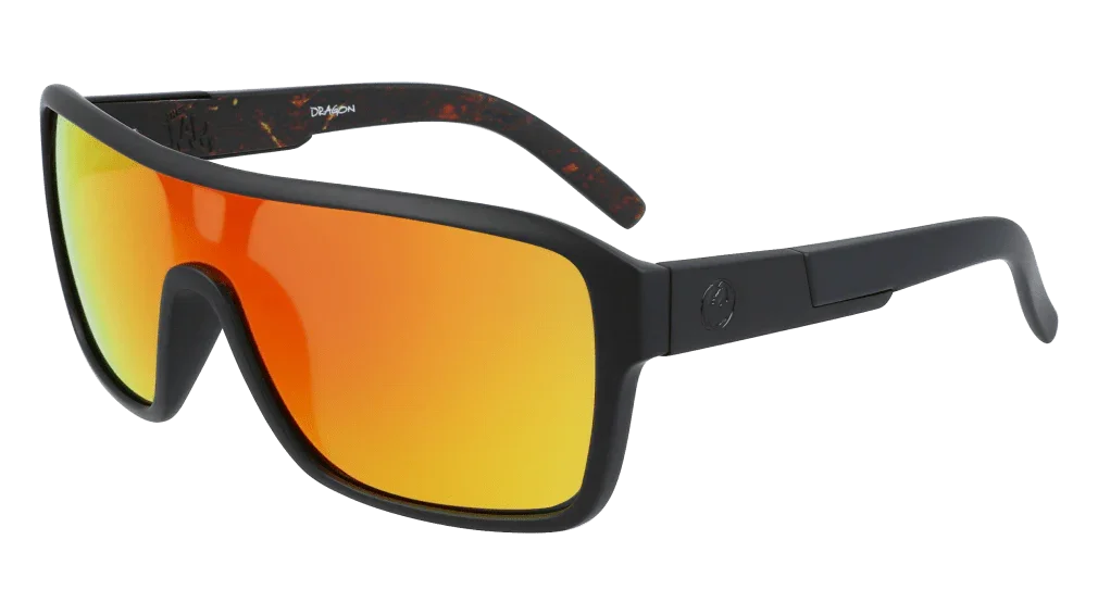 Dragon sunglasses with black frame and orange-yellow mirrored lenses, ideal for outdoor sports