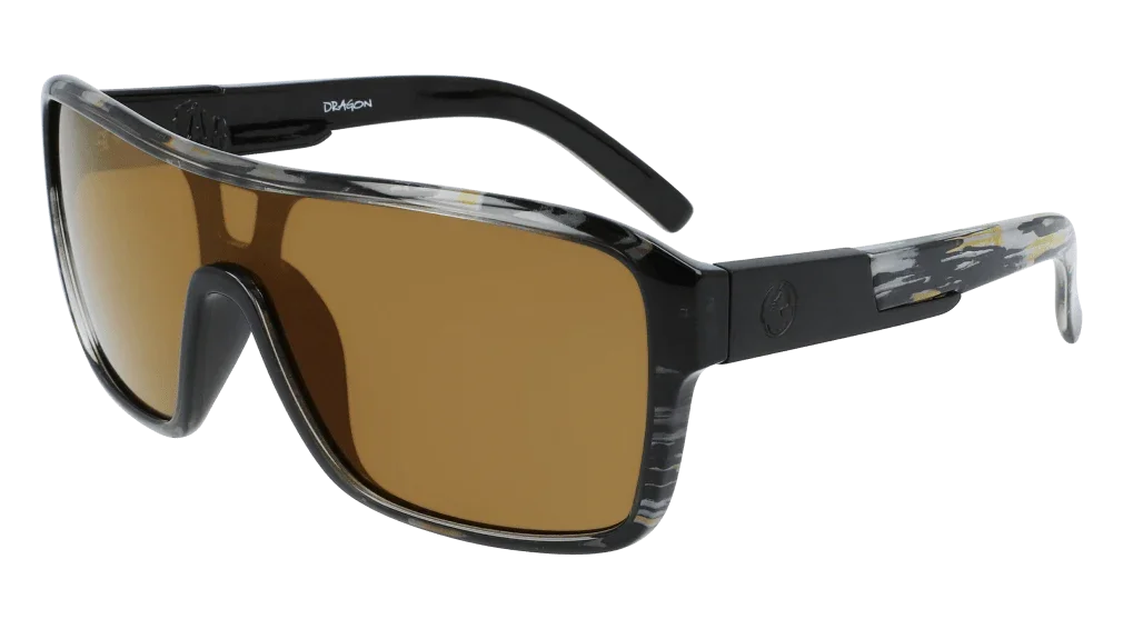 Dragon brand sport sunglasses with amber lenses and black camouflage frame for outdoor adventures