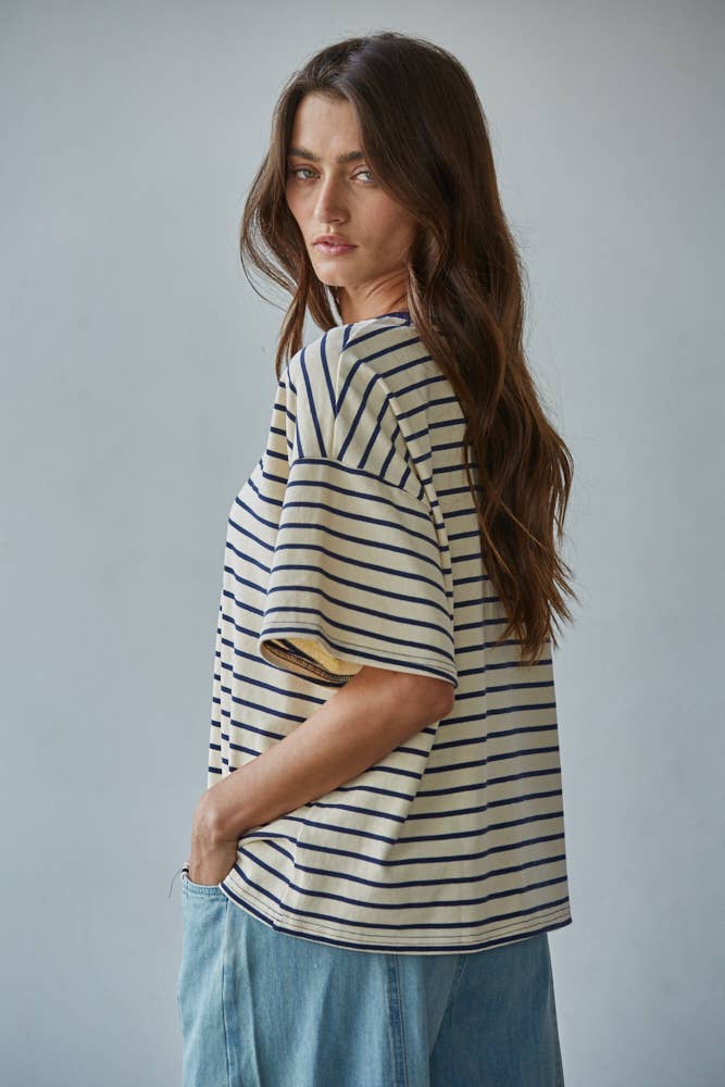 L9691 | Knit Cotton Striped Short Sleeve Crew Neck Top