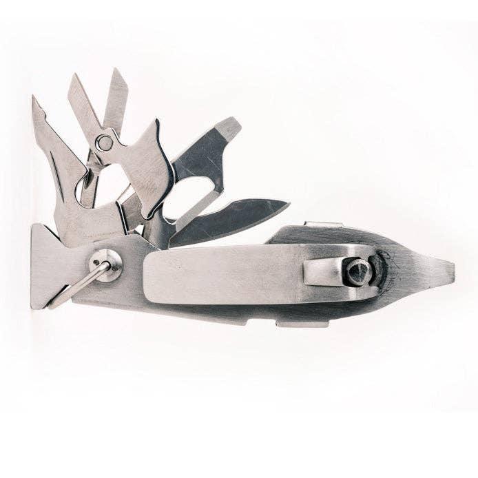 Compact stainless steel multi-tool with scissors, knife, and bottle opener for outdoor adventures