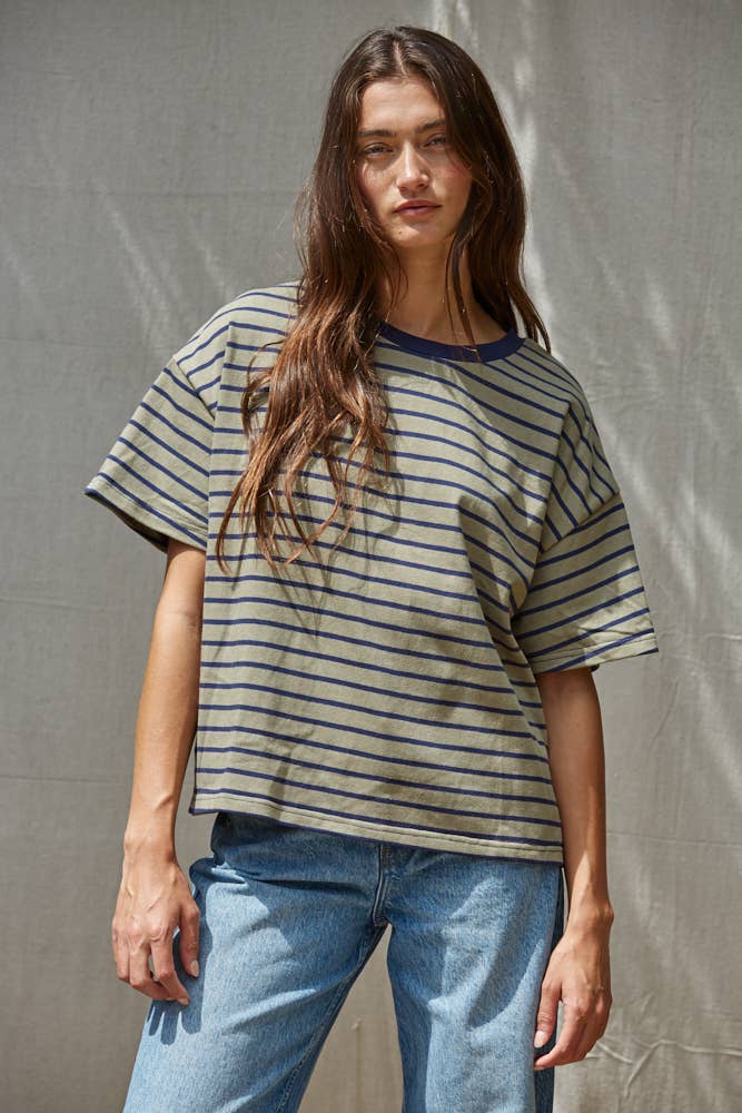 L9691 | Knit Cotton Striped Short Sleeve Crew Neck Top