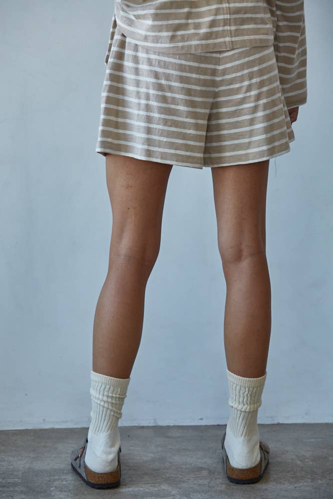 L8797B | Knit Cotton Striped Elastic Waist Shorts